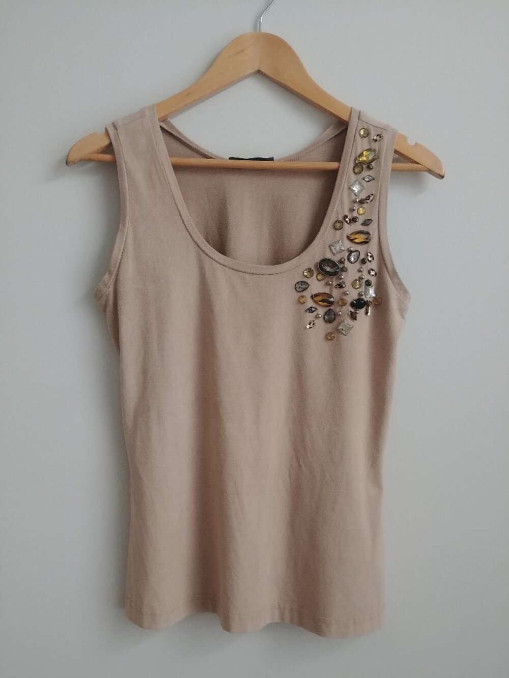 Y2K Designer Airfield tan ultrasuede sleeveless top tank jewels shoulder